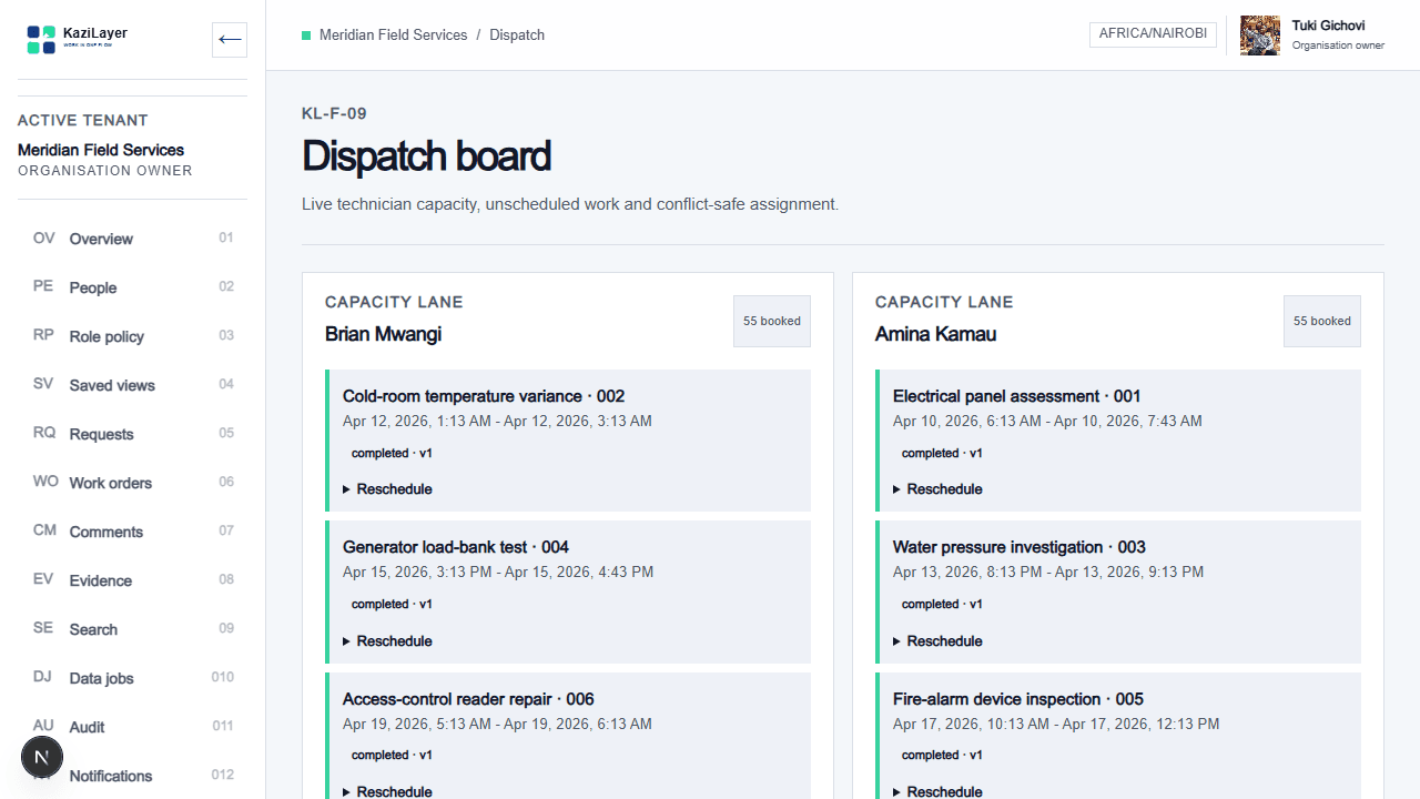 KaziLayer dispatch board with technician lanes and assigned work
