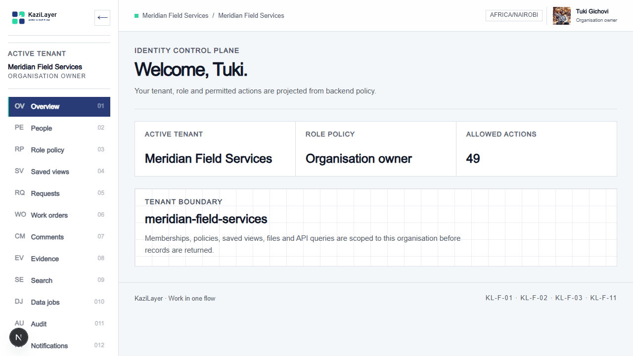 KaziLayer tenant overview showing active operational work