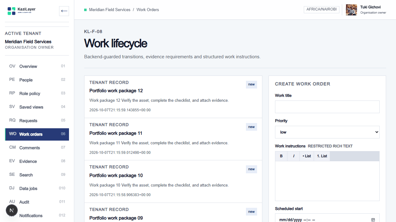 KaziLayer work-order list with status and service context